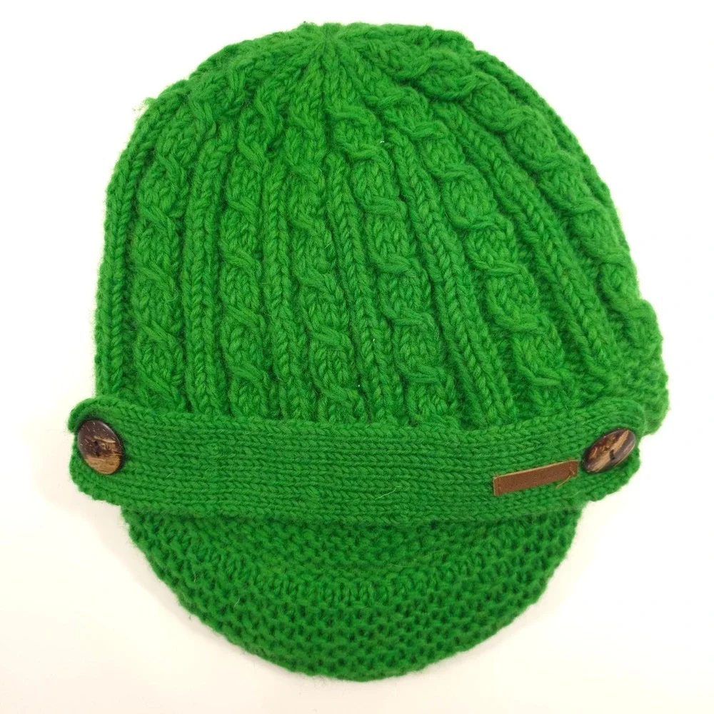 McRon Womens Visor Beanie Hat One Size Green Wool Cable Knit Fleece‎ Lined Nepal